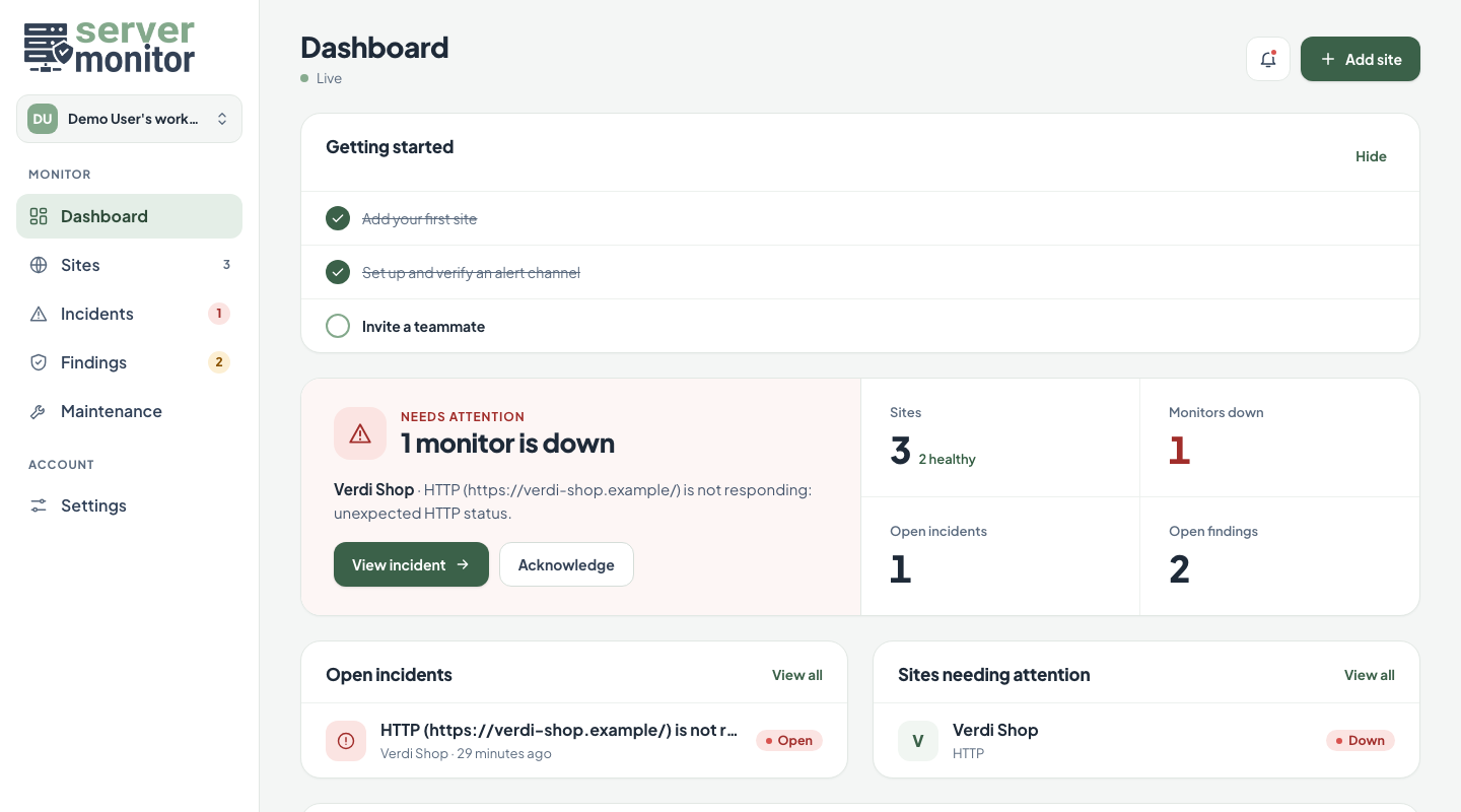 The ServerMonitor dashboard: one monitor is down, with the open incident, the sites that need attention, and uptime for every site.