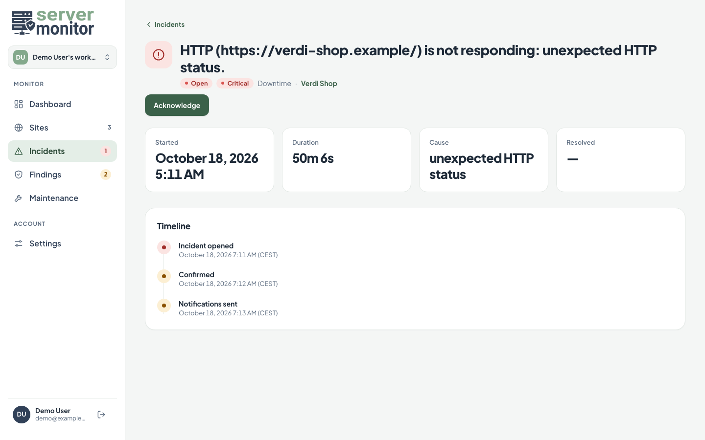 An incident page with its timeline: incident opened, confirmed, notifications sent.